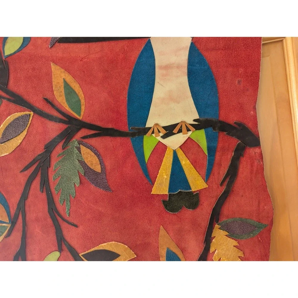 Vintage Handmade Leather Tucan Bird Scene‎ Wall Tapestry By Jose Marcos Brazil